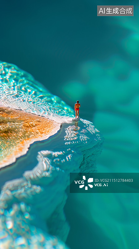 【AI数字艺术】3D微缩小人在碳酸钙钙华五彩池温泉层叠矿物地貌山水中独家旅游放松的华丽绿松色旅行海报图片素材