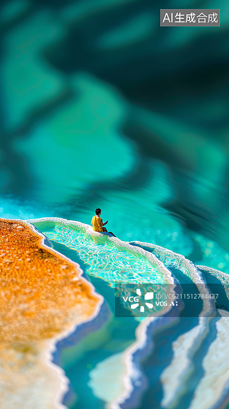 【AI数字艺术】3D微缩小人在碳酸钙钙华五彩池温泉层叠矿物地貌山水中独家旅游放松的华丽绿松色旅行海报图片素材