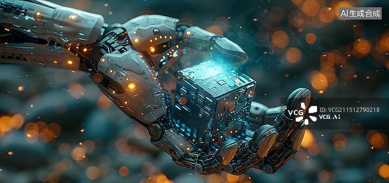 【AI数字艺术】未来科技机械臂手握芯片发光立方体图片素材