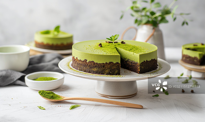 桌子上摆放着精致的抹茶蛋糕 切开的抹茶蛋糕 抹茶粉图片素材