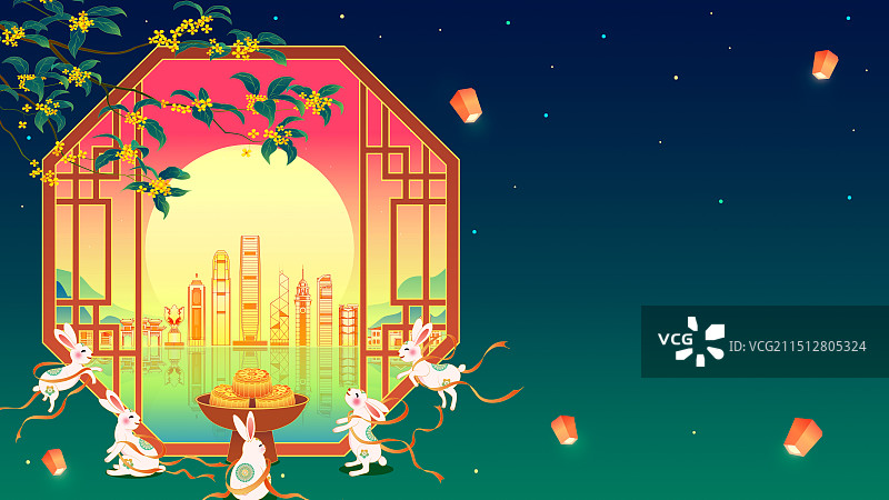 国潮风香港中秋节桂花玉兔月饼建筑插画图片素材