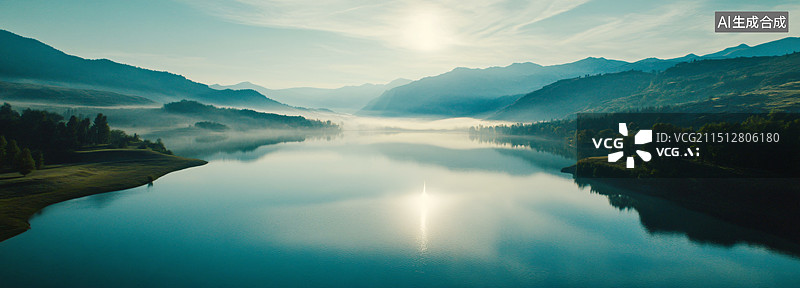 【AI数字艺术】湖景，云雾，雾气朦胧图片素材