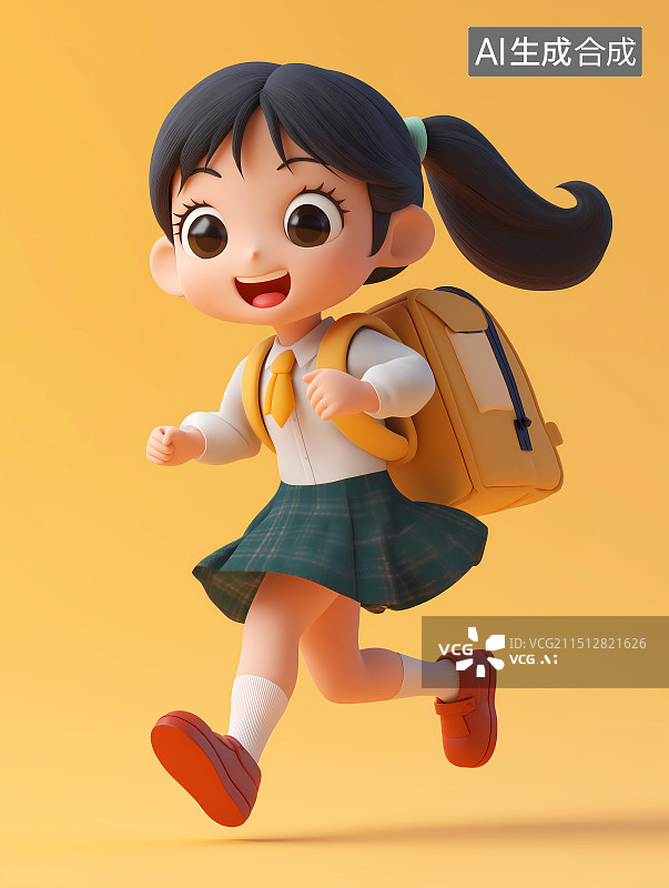 【AI数字艺术】3D卡通可爱风格人物元素——背着书包上学的女孩图片素材