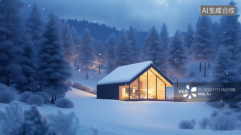 【AI数字艺术】冬天冰雪覆盖的森林中的小木屋图片素材