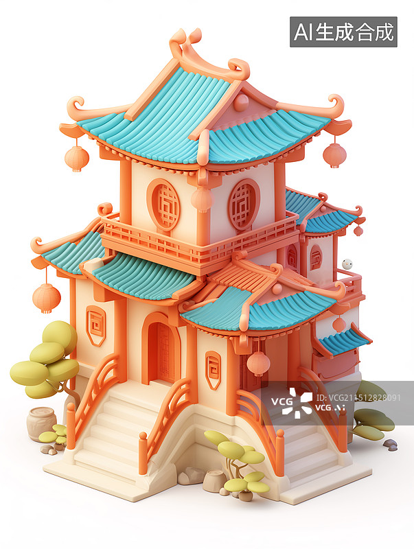 【AI数字艺术】3D风格的古建筑模型，游戏场景图片素材