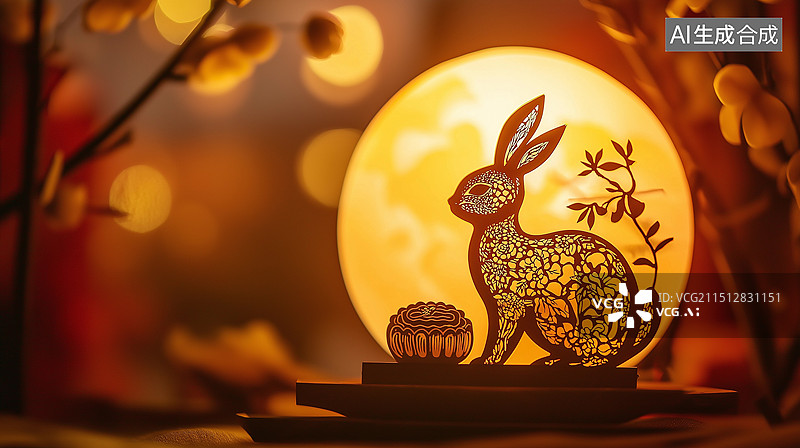 【AI数字艺术】中国传统剪纸艺术中秋节插画——兔子、月饼与满月图片素材