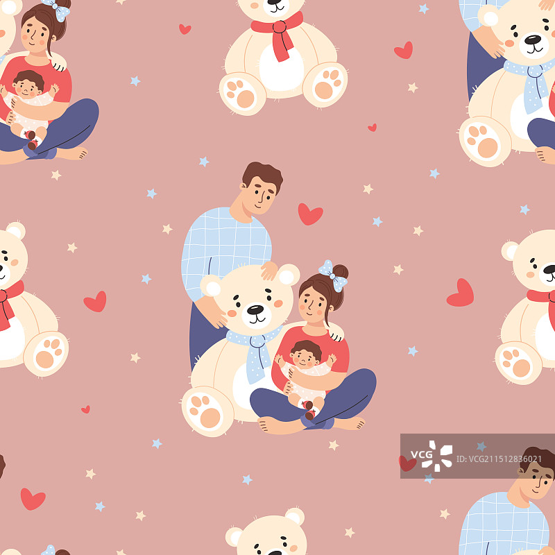 幸福家庭无缝图案：抱着宝宝的可爱女人图片素材