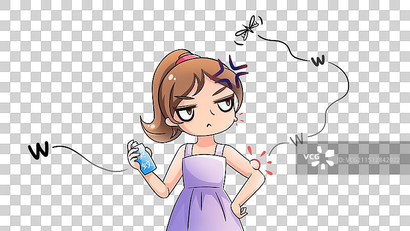 被蚊子叮出一个大包的女孩，愤怒拿起驱蚊喷雾，卡通医疗疾病系列免扣元素图片素材