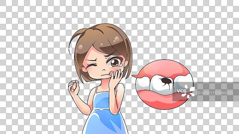 因为爱吃糖导致女孩出现龋齿，卡通医疗疾病系列免扣元素图片素材