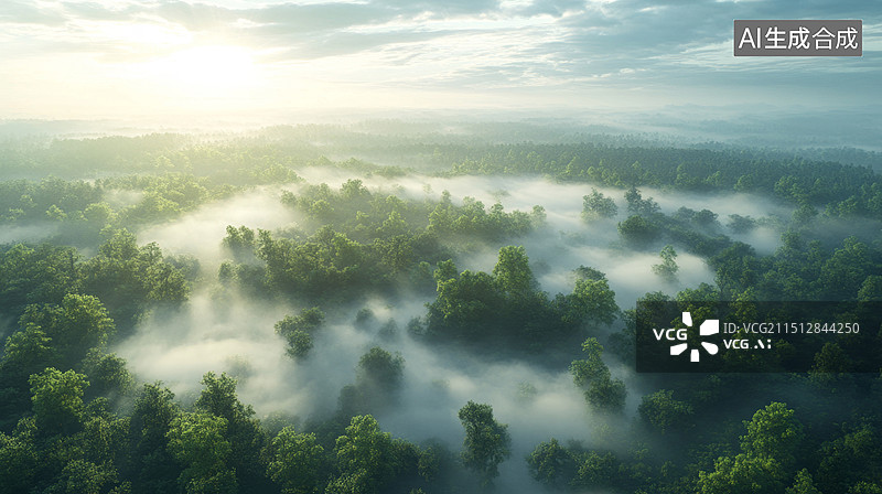 【AI数字艺术】清晨日出时分森林中的晨雾图片素材