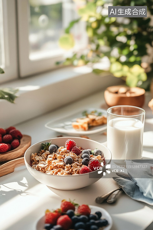 【AI数字艺术】早餐的燕麦牛奶谷物水果图片素材