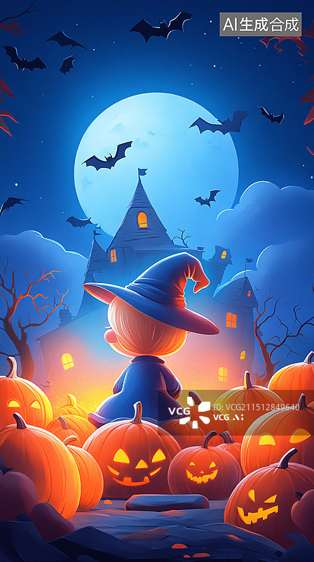 【AI数字艺术】万圣节女巫秋天节气夜晚节日场景卡通插画图片素材