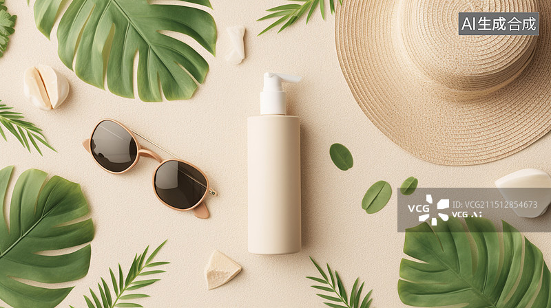 【AI数字艺术】时尚海报，棕榈叶、眼镜、护肤品、草帽图片素材