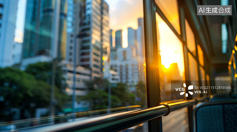【AI数字艺术】空旷的巴士，空座位的车窗外的城市高楼风景图片素材