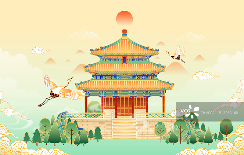 北京中轴线景山万春亭古建筑插画图片素材