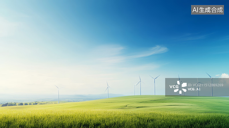 【AI数字艺术】清洁能源风能风力发电草原风车天空背景图片素材