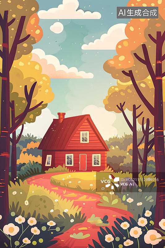 【AI数字艺术】森林中的红色小屋图片素材