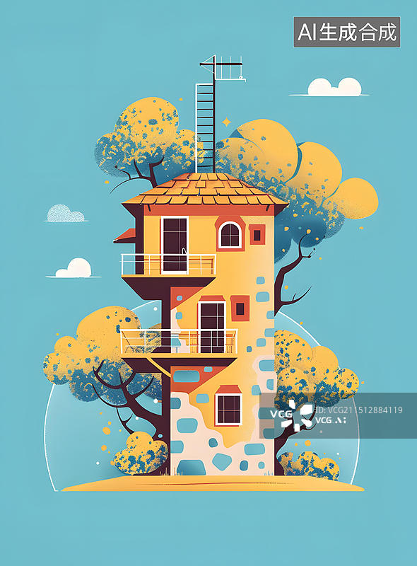 【AI数字艺术】树木中的黄色房屋插画图片素材