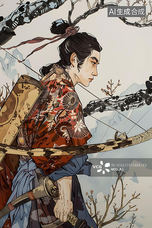 【AI数字艺术】身着传统和服的武士弓箭手图片素材