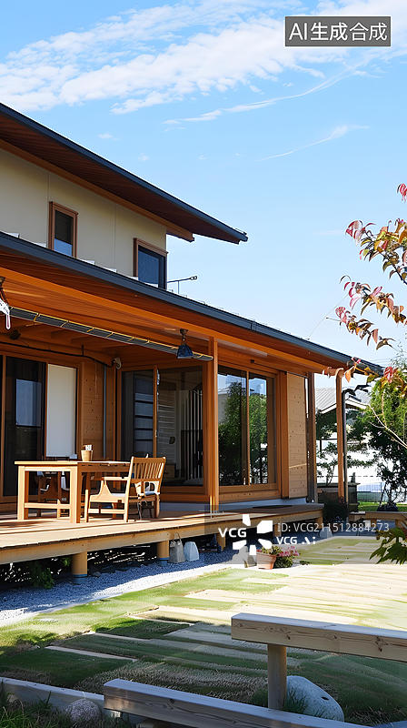 【AI数字艺术】日式木结构房屋带庭院图片素材