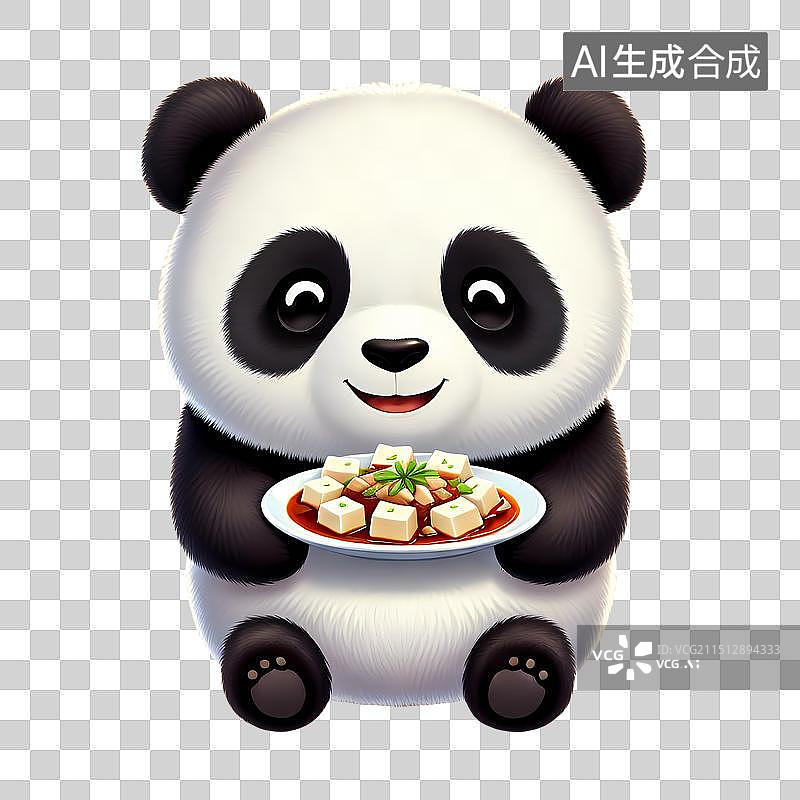 【AI数字艺术】卡通熊猫，手里拿着四川麻婆豆腐的大熊猫，中国传统美食，川菜，免抠素材图片素材