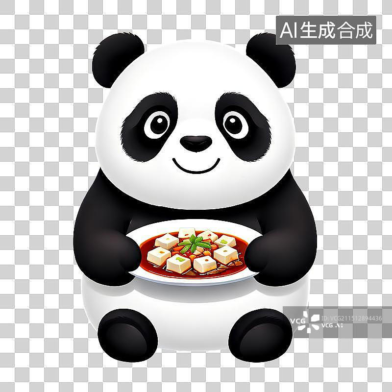 【AI数字艺术】卡通熊猫，手里拿着四川麻婆豆腐的大熊猫，中国传统美食，川菜，免抠素材图片素材