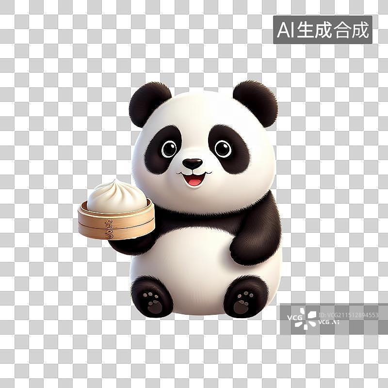 【AI数字艺术】3D渲染卡通熊猫，手里拿着包子的大熊猫，灌汤包，鲜肉包子，中国传统美食，免抠元素图片素材