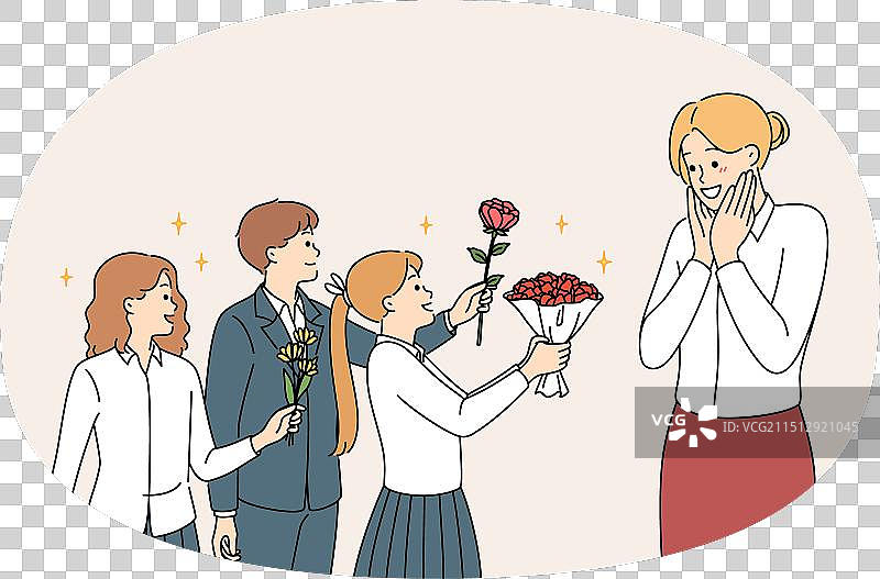 穿校服的孩子们向快乐的老师问好图片素材