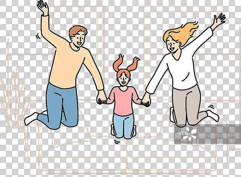 快乐的一家人一起在客厅里跳来跳去图片素材