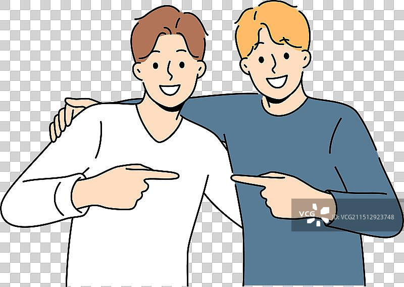 两个男人拥抱并指向朋友图片素材