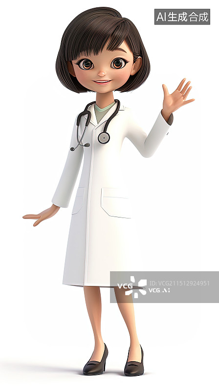 【AI数字艺术】穿医院医生装的年轻中国女孩3D卡通插画图片素材