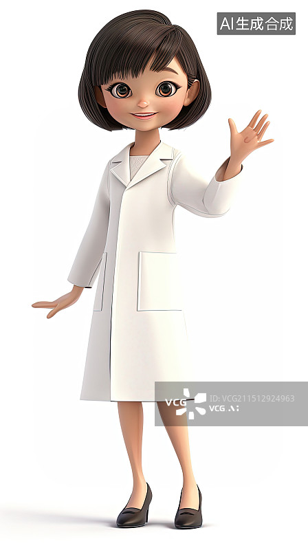 【AI数字艺术】穿医院医生装的年轻中国女孩3D卡通插画图片素材