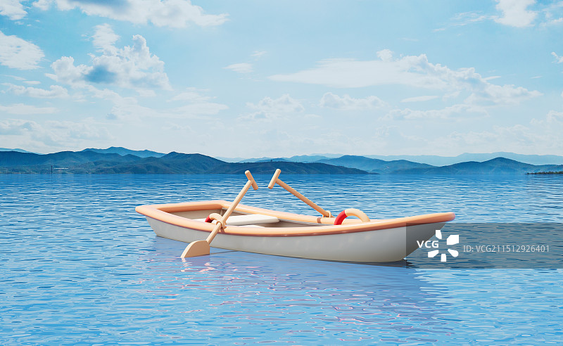 水面漂浮着小船3D插画图片素材