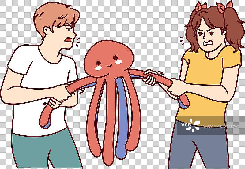 儿童争抢玩具拉扯章鱼玩偶图片素材