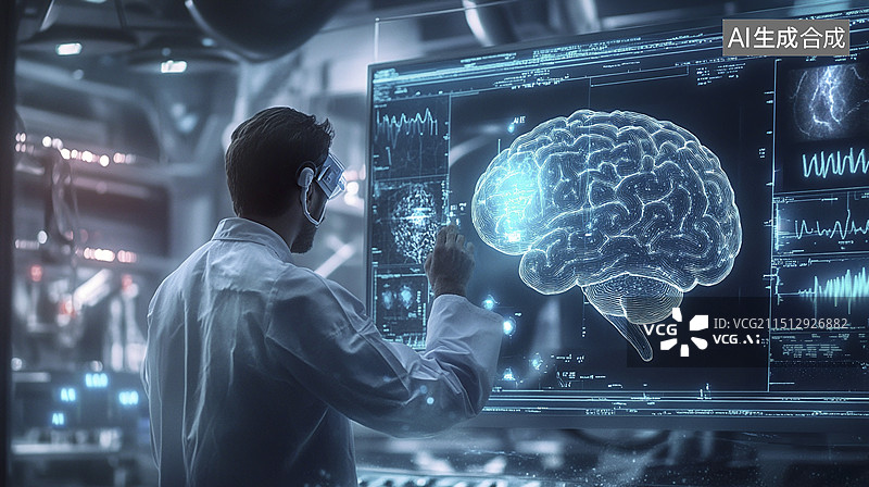 【AI数字艺术】实验室中的人工智能脑机接口全息投影概念图片素材