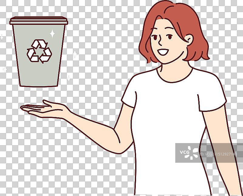 女人展示带有回收标志的垃圾桶图片素材