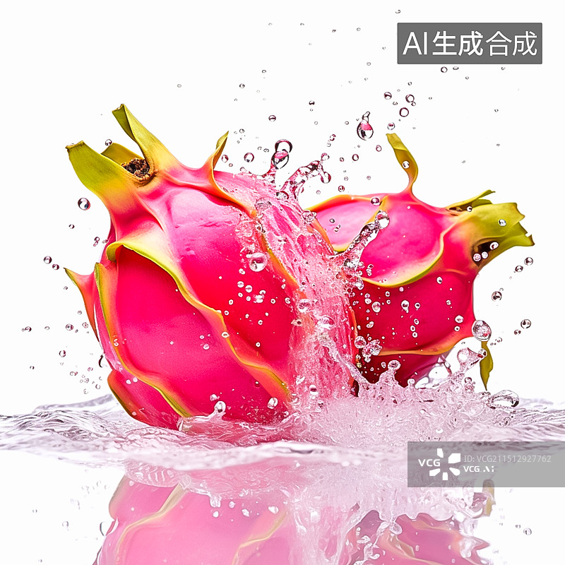 【AI数字艺术】白色背景落入水中的两个火龙果图片素材