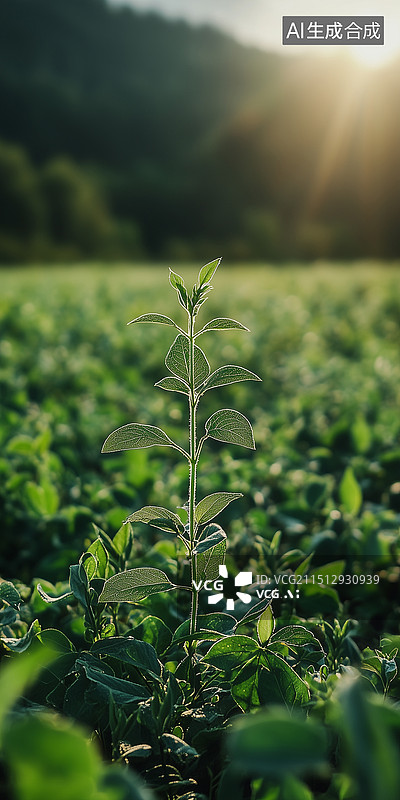 【AI数字艺术】乡村田野中生长的植物幼苗，展示双子叶植物的特征，凸显农业生物多样性和宁静景观中的自然图片素材