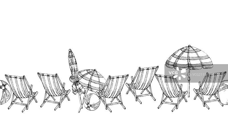 手绘墨线沙滩椅和遮阳伞图片素材