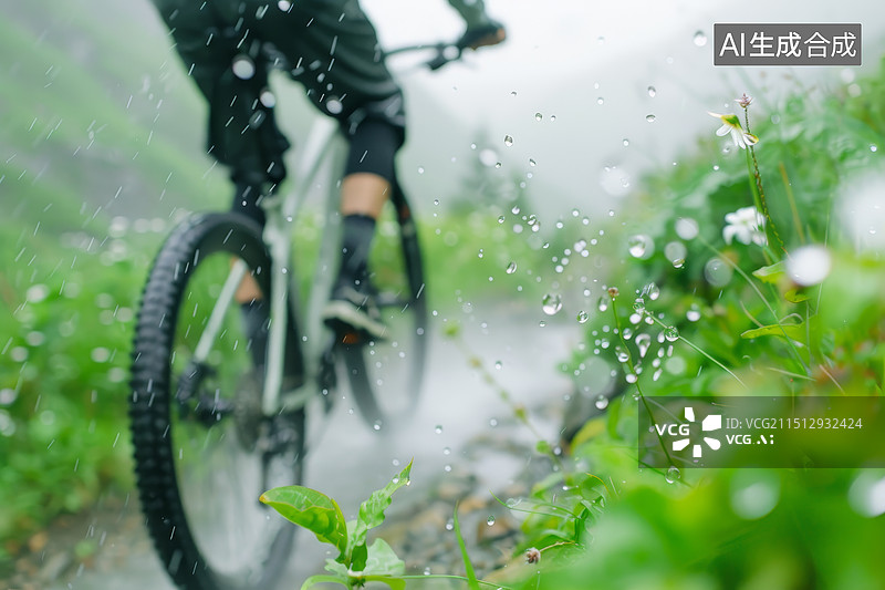 【AI数字艺术】雨中骑行的山地自行车图片素材