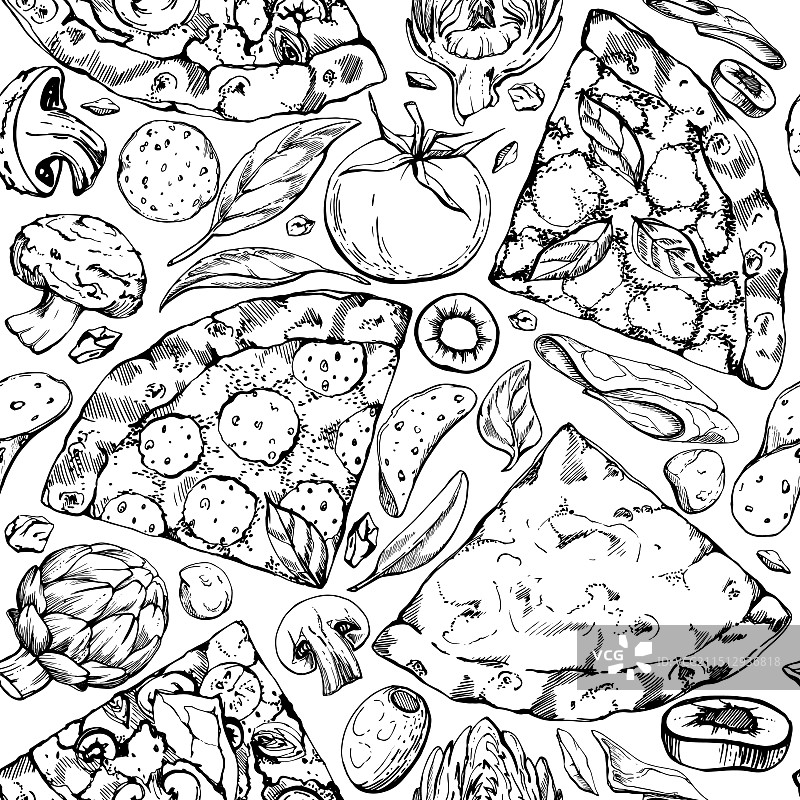 手绘墨水披萨切片配料图案图片素材