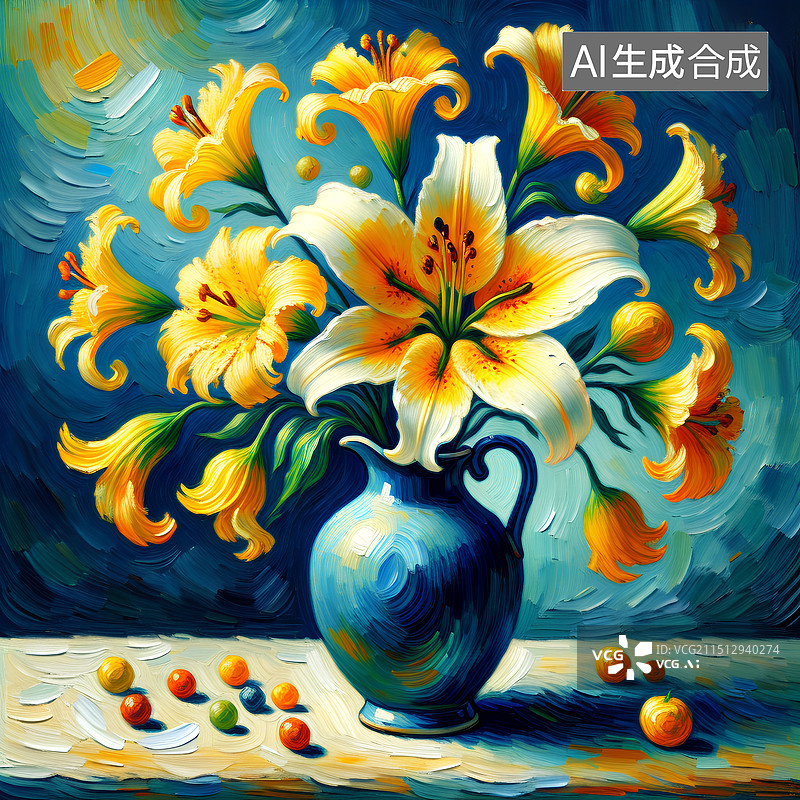 【AI数字艺术】梵高油画风格，复古花瓶，一束黄色百合花，宫廷风图片素材