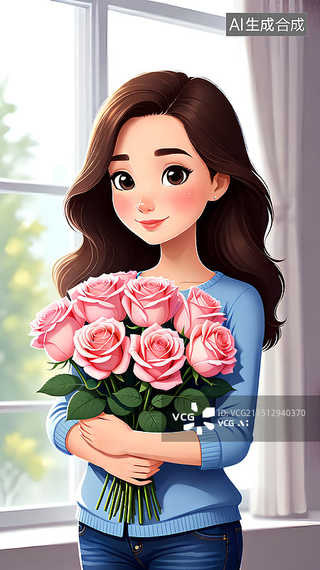 【AI数字艺术】卡通风格，漂亮女孩站在窗边，怀抱一大把粉色玫瑰花图片素材