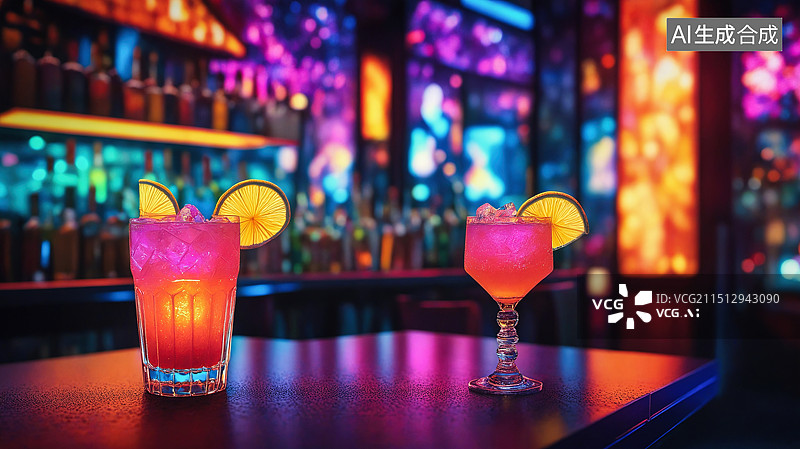 【AI数字艺术】霓虹夜色：酒吧内的缤纷鸡尾酒时光图片素材