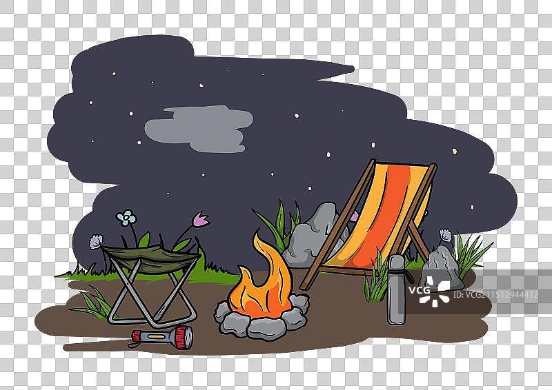 篝火与折叠椅的夜晚风景图片素材