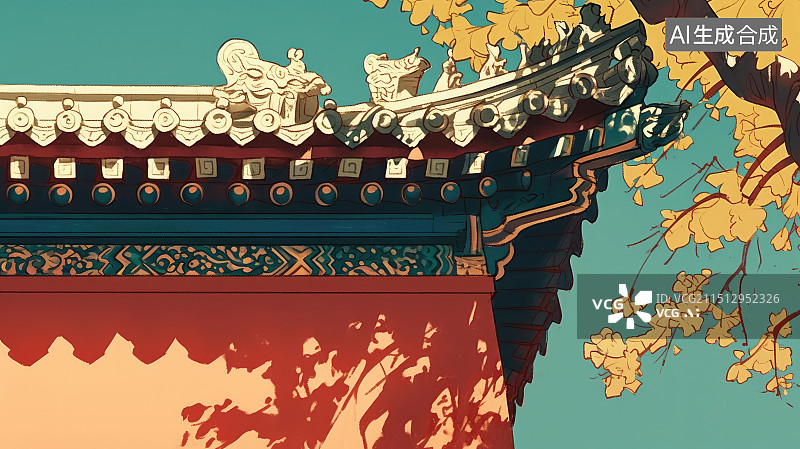 【AI数字艺术】立秋故宫银杏树叶飘落插画图片素材