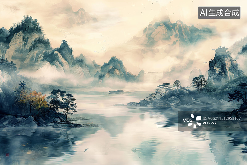 【AI数字艺术】中国传统水墨画风格的山水画图片素材