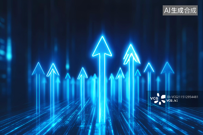 【AI数字艺术】蓝色背景上的向上箭头，股票金融经济增长趋势概念插图图片素材