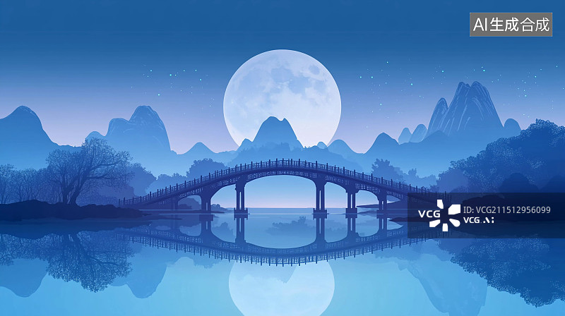 【AI数字艺术】圆月下的桥梁，中秋节插画图片素材