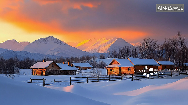 【AI数字艺术】落日下的雪乡冬天风光图片素材